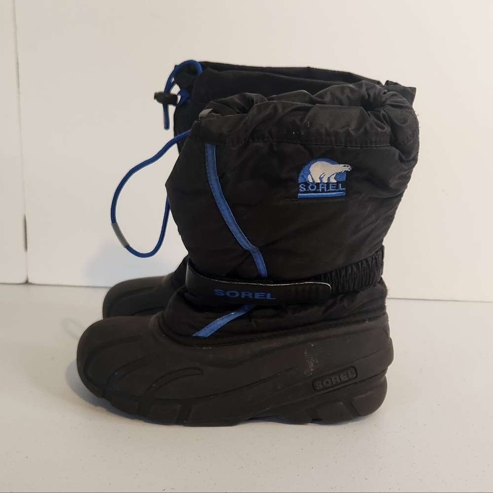 Sorel Unisex Kids Flurry TP Winter Boots Black Blue Bungee Cord Boys Size 5 - Picture 2 of 5